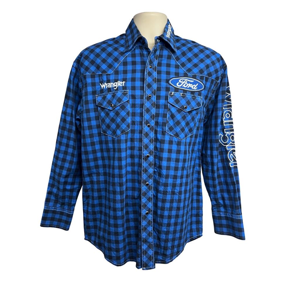Wrangler Ford Mens Blue Plaid Western Pearl Snap Shirt Medium Flap Pockets